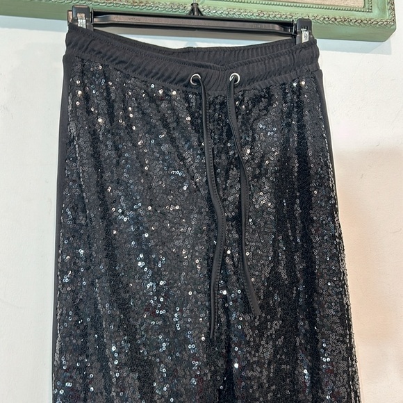 Tipsy Elves Black Sequin Relaxed fit jogger pants with side tuxedo stripe small - Picture 2 of 7